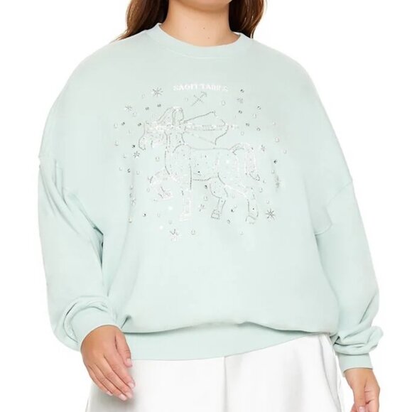 Forever 21 Mint Green Beaded Sagittarius Fleece Pullover Sweater SZ 1X - Picture 1 of 10